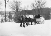 Men on snow roller pulled by horses, Dover, Vt.