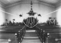 Church interior, possibly set up for wedding or funeral, Williamsville, Vt.