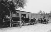 Several horse and buggies outside building in Windham County,Vermont