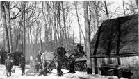 Men and horses in front of a sugarhouse